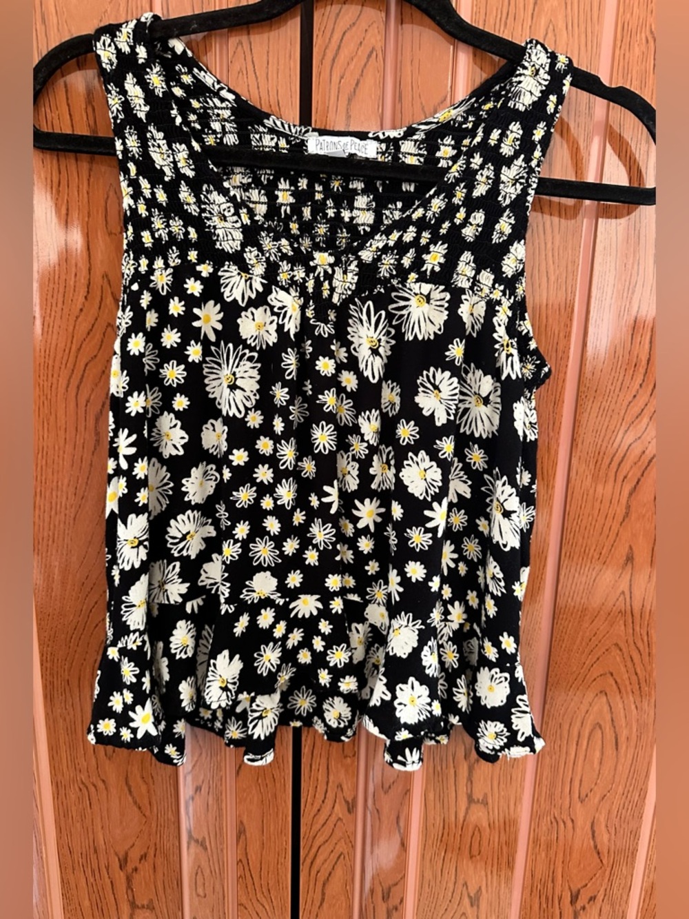 Patrons of Peace Black Daisy Floral Smocked Tank Top | Ruffle Hem | Size S